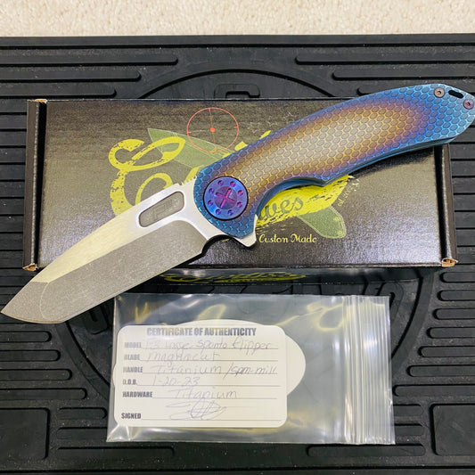 Curtiss Custom F3 Large 3.75" Spanto, Flipper, Titanium Ombre SPM-Mill Handles, Purple Hardware, Magnacut Knife