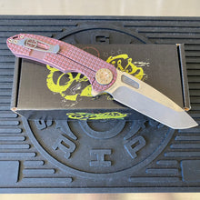 Load image into Gallery viewer, Curtiss Custom F3 Large 3.75&quot; Spanto, Flipper, Titanium Frag Mill Handles, Pink Polished Hardware, Magnacut Knife
