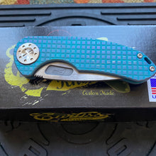 Load image into Gallery viewer, Curtiss Custom F3 Medium 3.25&quot; Slicer NON-Flipper, Frag-Mill Aqua Purple, 2 Tone Stonewash Magnacut Folding Knife
