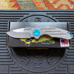 Curtiss Custom F3 Medium 3" Slicer NON-Flipper, Titanium Ball-Mill Pattern Handles, Stonewash Magnacut, Blue Hardware Folding Knife