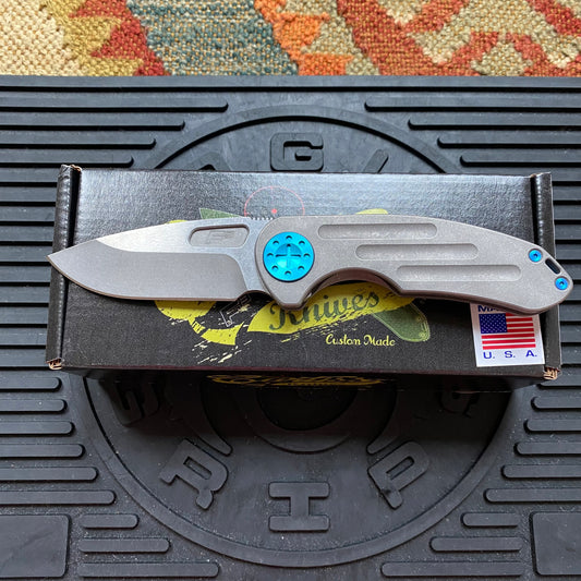 Curtiss Custom F3 Medium 3" Slicer NON-Flipper, Titanium Ball-Mill Pattern Handles, Stonewash Magnacut, Blue Hardware Folding Knife