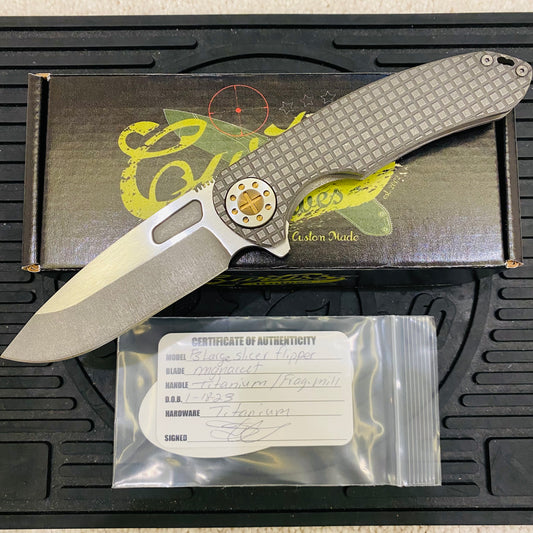 Curtiss Custom F3 Large 3.75" Slicer, Flipper, Titanium Stonewash Frag-Mill Handles, Bronze Polished Hardware, Magnacut Knife