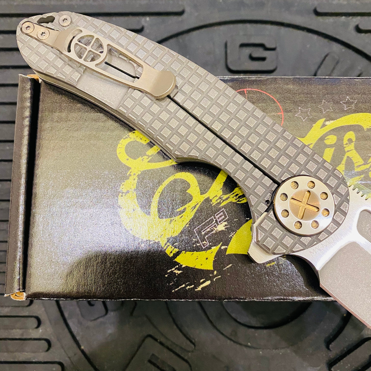 Curtiss Custom F3 Large 3.75" Slicer, Flipper, Titanium Stonewash Frag-Mill Handles, Bronze Polished Hardware, Magnacut Knife