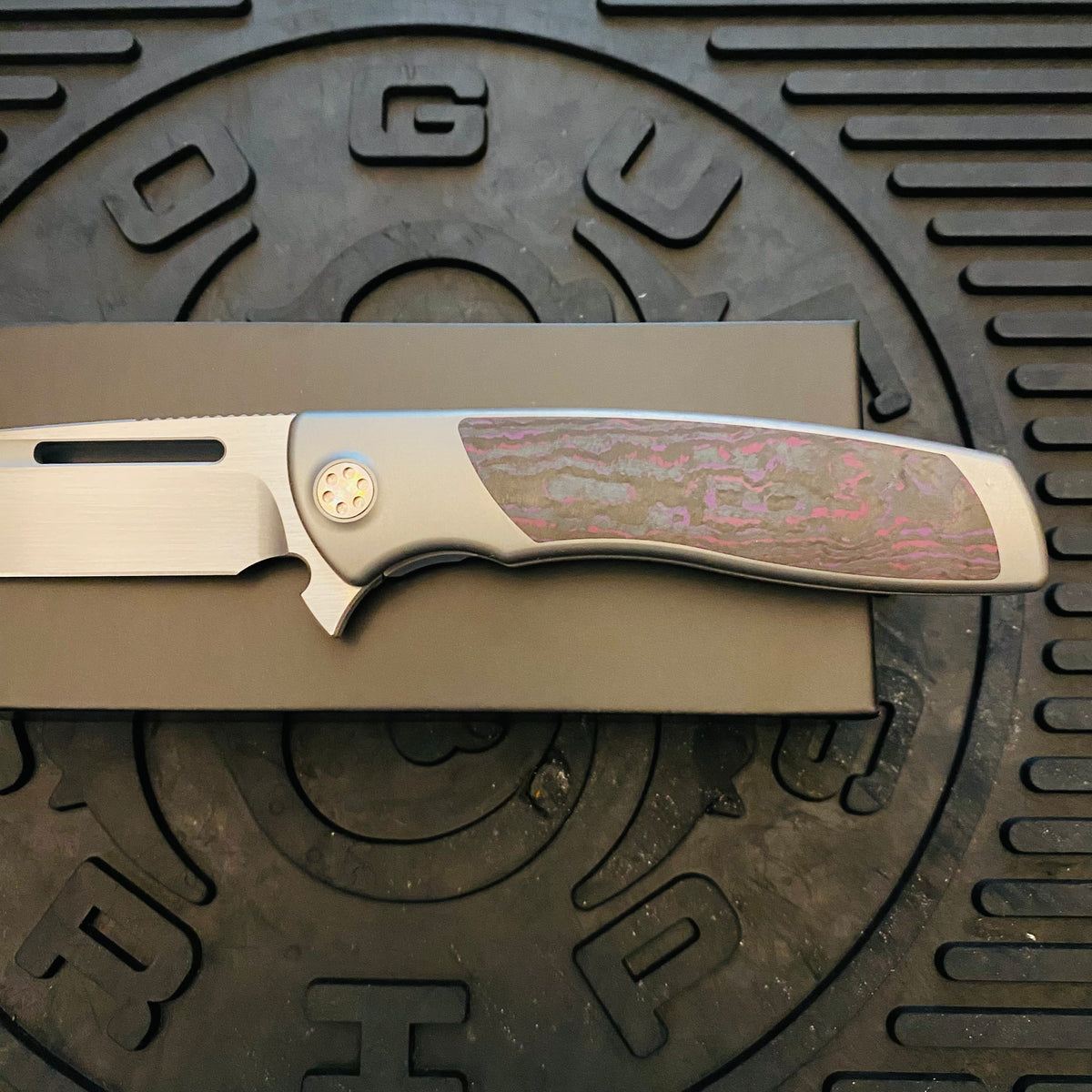 Sharp By Design Mini Evo Flipper 3.25" Satin HARPOON PURPLE HAZE FAT CARBON Inlay Knife