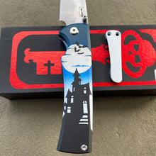 Load image into Gallery viewer, Chaves Sangre 229 Wharncliffe HAUNTED HOUSE THEME Stonewash Ti Belt Finish 3.7&quot; Folding Knife
