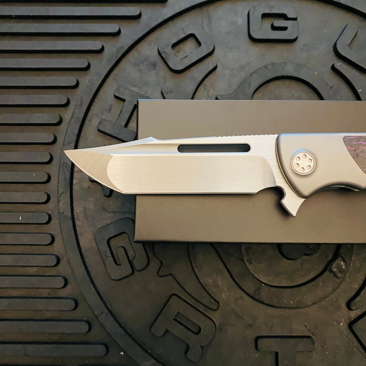 Sharp By Design Mini Evo Flipper 3.25" Satin HARPOON PURPLE HAZE FAT CARBON Inlay Knife