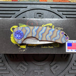 Curtiss Custom F3 Medium 3" Spanto NON-Flipper,Titanium Torched Tiger Striped Handles, Stonewash Magnacut Purple Hardware Folding Knife