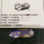 Curtiss Custom F3 Large 3.75" Slicer, Flipper, Titanium Purple SPM-Mill Handles, Blasted Polished Hardware, Magnacut Knife