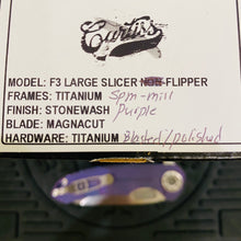 Load image into Gallery viewer, Curtiss Custom F3 Large 3.75&quot; Slicer, Flipper, Titanium Purple SPM-Mill Handles, Blasted Polished Hardware, Magnacut Knife
