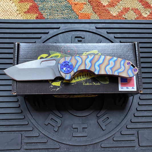 Curtiss Custom F3 Medium 3" Spanto NON-Flipper,Titanium Torched Tiger Striped Handles, Stonewash Magnacut Purple Hardware Folding Knife