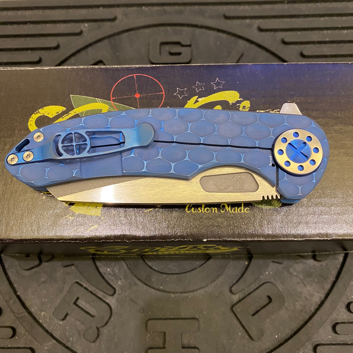 Curtiss Custom F3 Large 3.75" Wharny, Flipper, Titanium Blue PM-Mill Handles, Blue Polished Hardware, Magnacut Knife