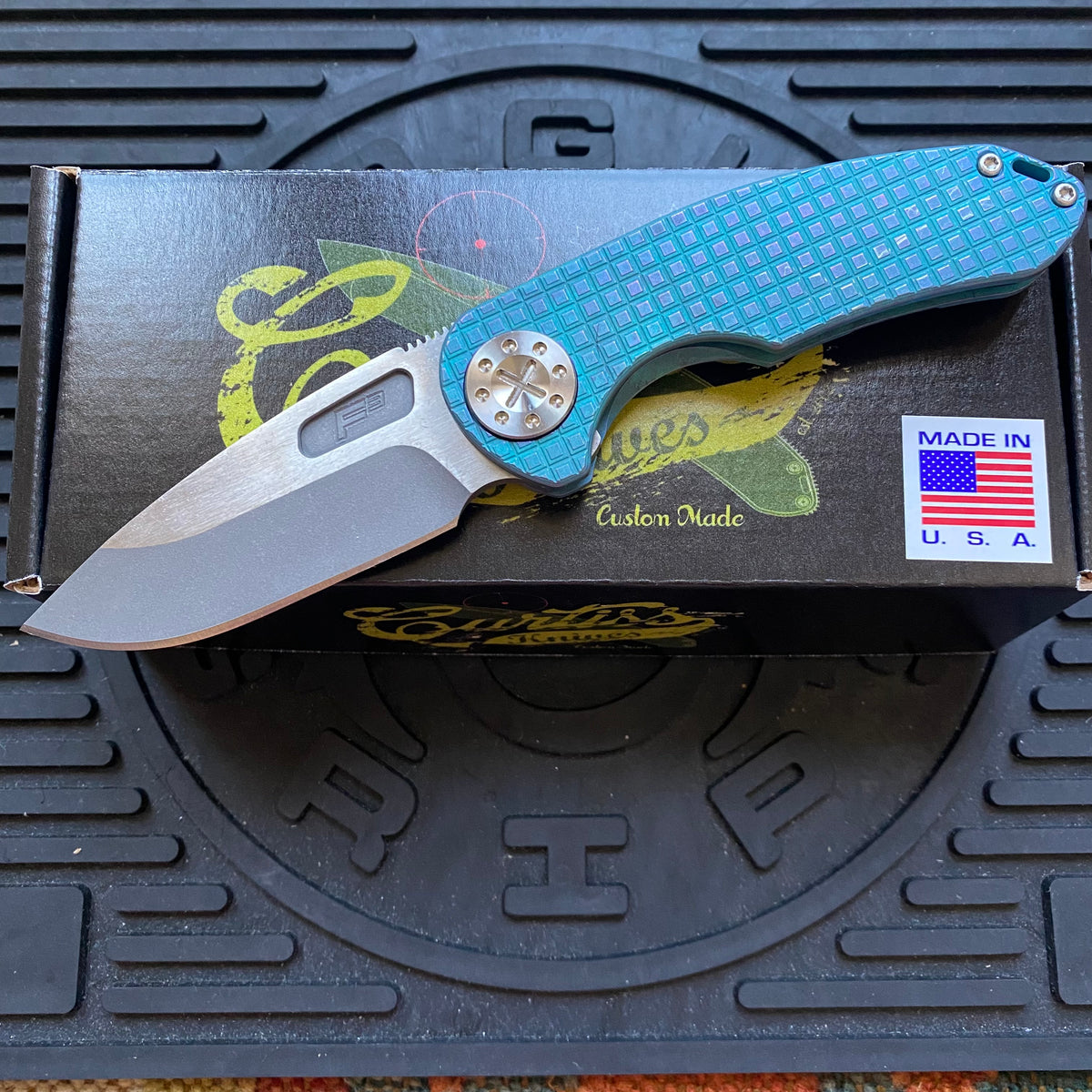 Curtiss Custom F3 Medium 3.25" Slicer NON-Flipper, Frag-Mill Aqua Purple, 2 Tone Stonewash Magnacut Folding Knife