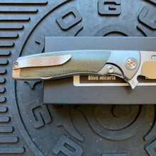 Load image into Gallery viewer, Sharp By Design Mini Evo Flipper 3.25&quot; Satin Harpoon OD OLIVE MICARTA Inlay Knife
