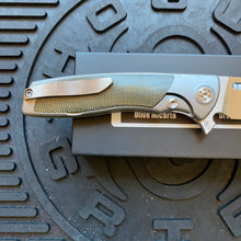 Load image into Gallery viewer, Sharp By Design Mini Evo Flipper 3.25&quot; Satin Drop Point OD OLIVE  MICARTA Inlay Knife
