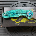 Curtiss Custom F3 Medium 3" Spanto NON-Flipper, Polished Green Titanium FJ-Mill "Dragon Scale", Stonewash Magnacut Folding Knife