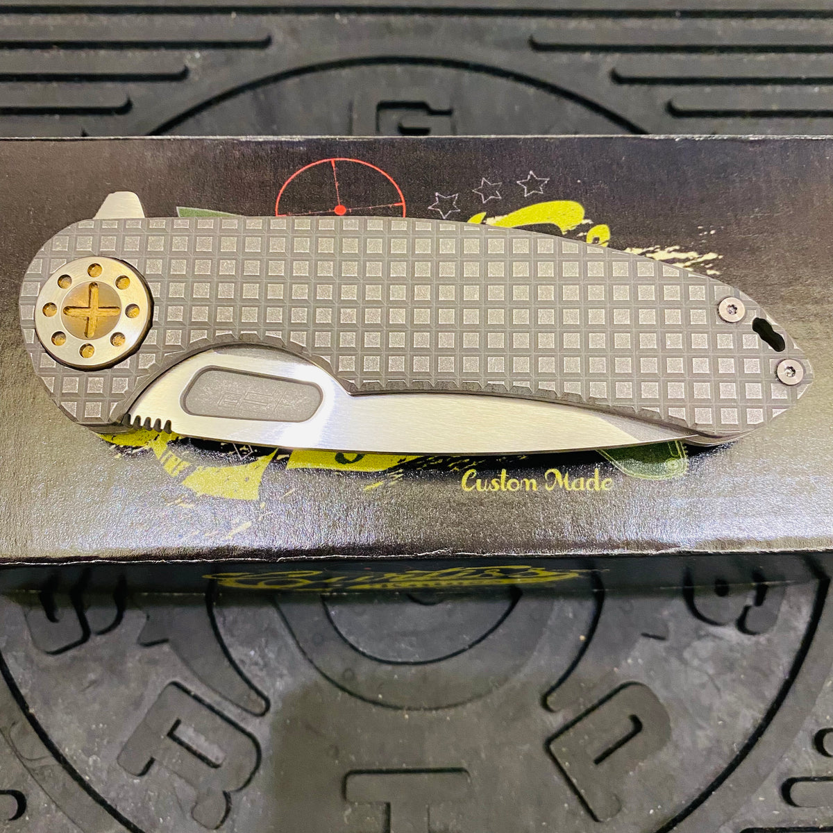 Curtiss Custom F3 Large 3.75" Slicer, Flipper, Titanium Stonewash Frag-Mill Handles, Bronze Polished Hardware, Magnacut Knife