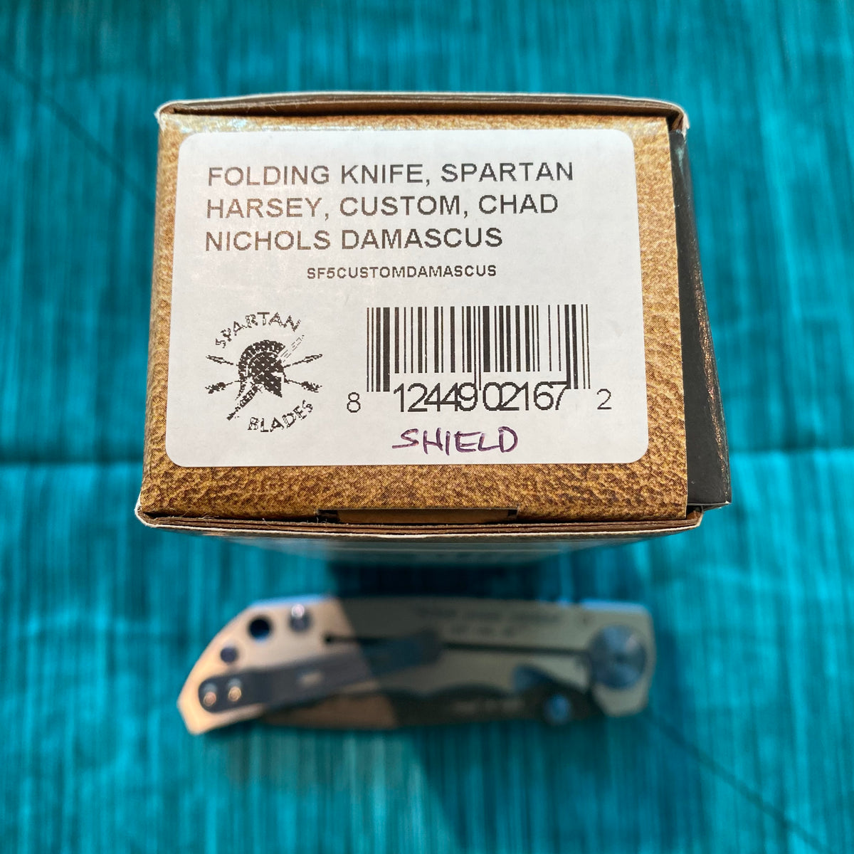 Spartan Blades Harsey Folder - Shield Engraved Damascus Blade - Special Edition
