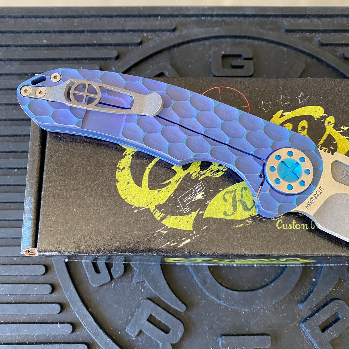 Curtiss Custom F3 Large 3.75" Slicer, Non-Flipper, Titanium Blue PM-Mill Handles, Blue Polished Hardware, Magnacut Knife