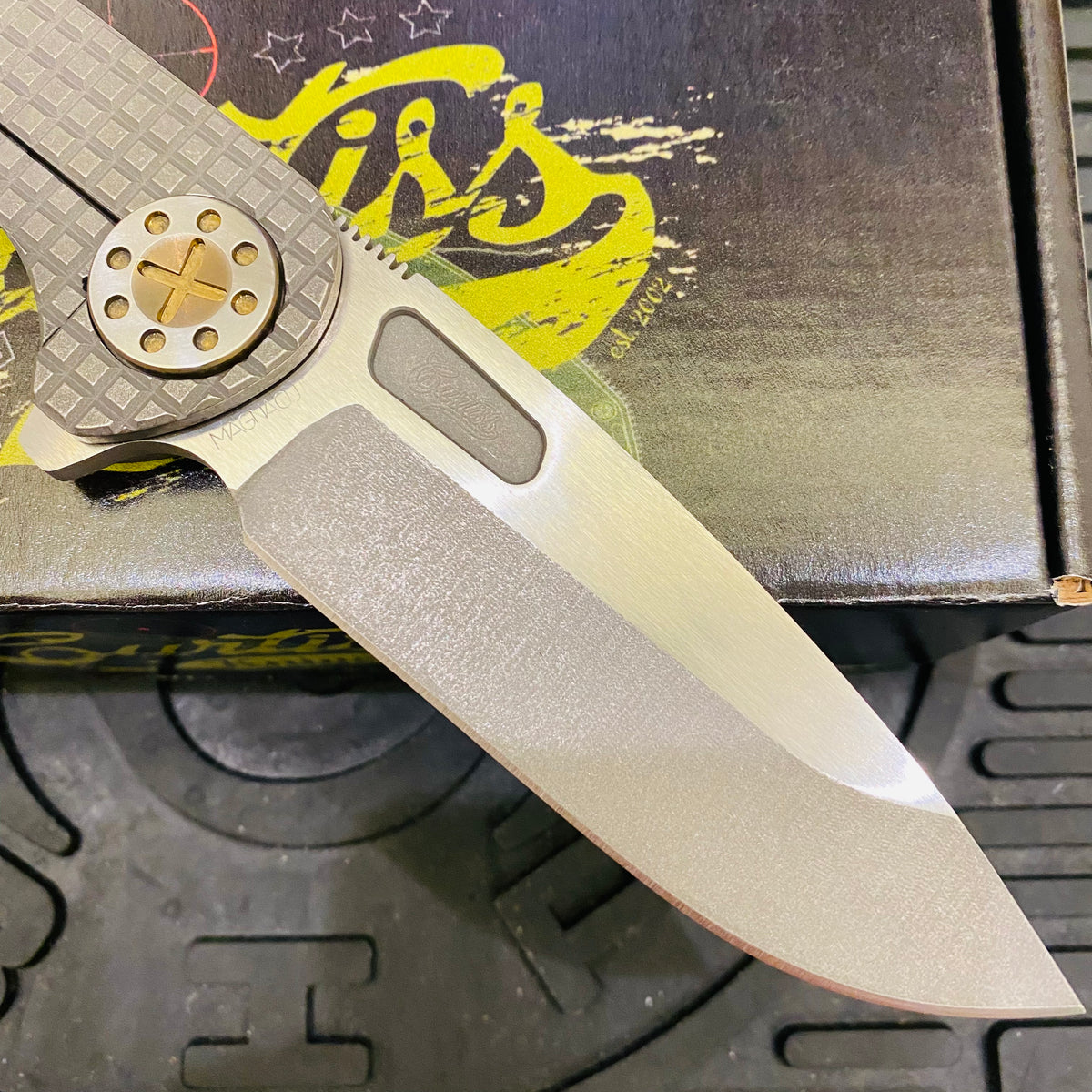 Curtiss Custom F3 Large 3.75" Slicer, Flipper, Titanium Stonewash Frag-Mill Handles, Bronze Polished Hardware, Magnacut Knife