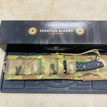 Load image into Gallery viewer, Spartan Blades Horkos Flat Hard Earth 5.6&quot; Fixed Blade Knife CE Canvas Micarta Black Handle with MultiCam Molle Sheath SB4DEBKNLMC
