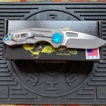 Curtiss Custom F3 Medium 3" Slicer NON-Flipper, Titanium Ball-Mill Pattern Handles, Stonewash Magnacut, Blue Hardware Folding Knife