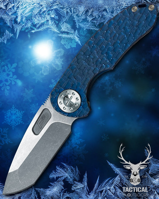 Curtiss Custom F3 Medium 3" Spanto NON-Flipper, Blue Titanium FJ-Mill "Dragon Scale", Stonewash Magnacut Folding Knife