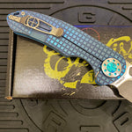 Curtiss Custom F3 Large 3.75" Slicer, Non-Flipper, Titanium Blue Frag Mill Handles, Green Polished Hardware, Magnacut Knife