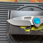 Curtiss Custom F3 Medium 3" Slicer NON-Flipper, Titanium Ball-Mill Pattern Handles, Stonewash Magnacut, Blue Hardware Folding Knife
