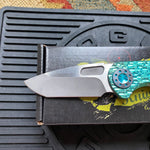 Curtiss Custom F3 Medium 3" Spanto NON-Flipper, Polished Green Titanium FJ-Mill "Dragon Scale", Stonewash Magnacut Folding Knife