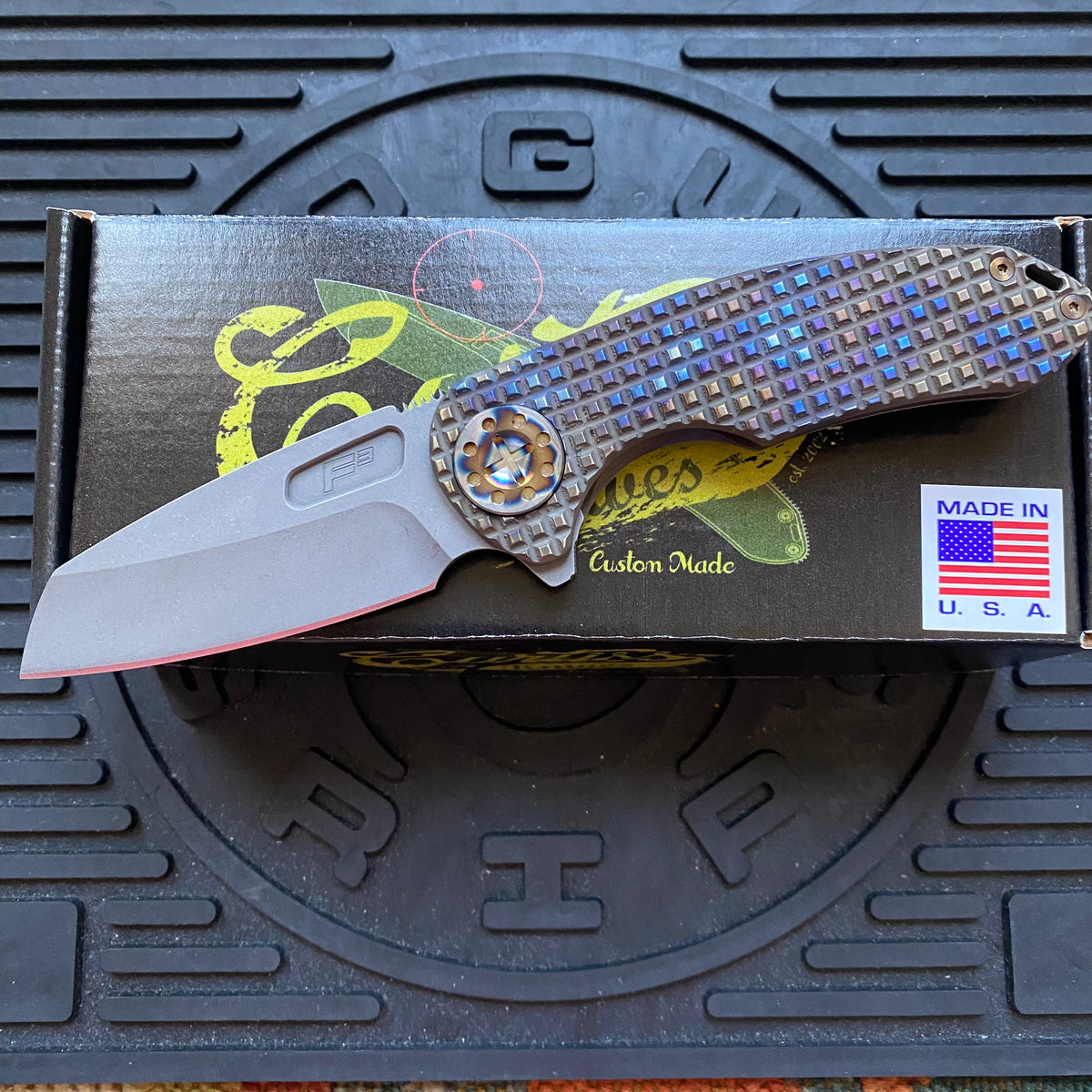 Curtiss Custom F3 Medium 3.25" Wharny Flipper, Frag-Mill Titanium Torched Handles, Blasted Magnacut, Torched Hardware Folding Knife